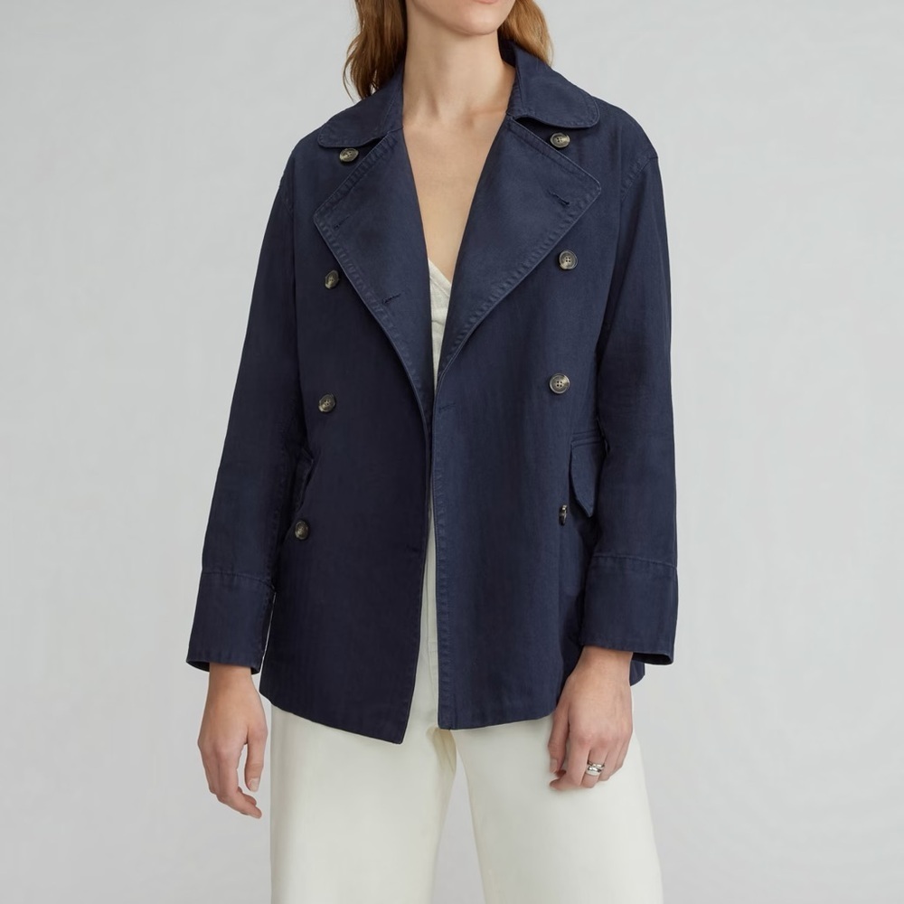 Everlane‎ NWT The Organic Cotton Herringbone Double Breasted Jacket in Navy Sz L